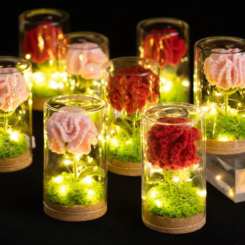 Handmade Crochet Carnation Flower In Glass Dome LED Night Light Gift For Mother Women Birthday Valentine Romantic Ornament