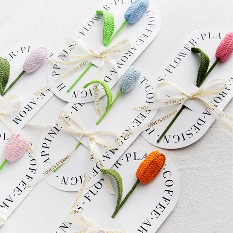 Handgemachter Gehäkelter Tulpenstrauß Wollgestrickte Künstliche Blumen Mit Geschenkkarte Satinband Für Valentinstag Muttertag Hausdeko Geschenk