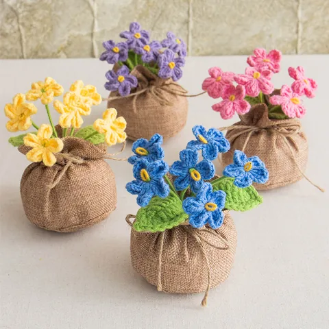 Handmade Crochet Flower Potted Plant Artificial Rose Tulip Sunflower Lily Of The Valley With Linen Bag Base For Home Decor