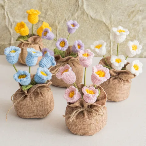 Handmade Crochet Lily Of The Valley Potted Plant Decoration Yarn Woven Flower With Linen Bag Base For Home Office Desktop Decor