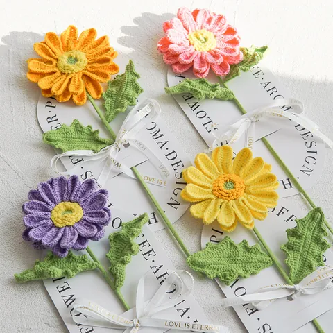 Hand Woven Milk Cotton Gerbera Sunflower Bouquet Hand Crocheted Artificial Flowers For Home Table Decor Wedding Gift Decoration