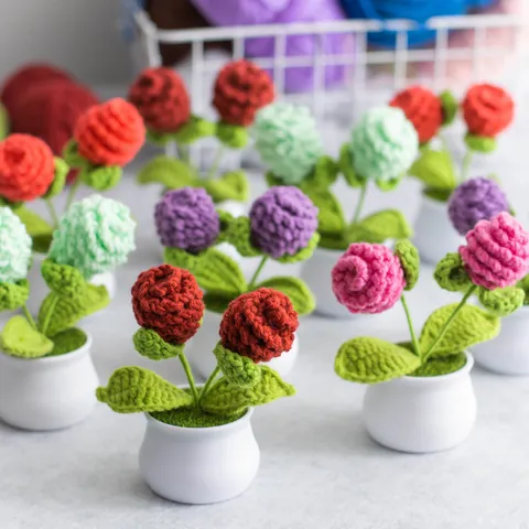 Handmade Crochet Knitted Flower Potted Plant Miniature Artificial Simulation Fruit Pot With White Base For Home Desk Car Interior Decor Ornament