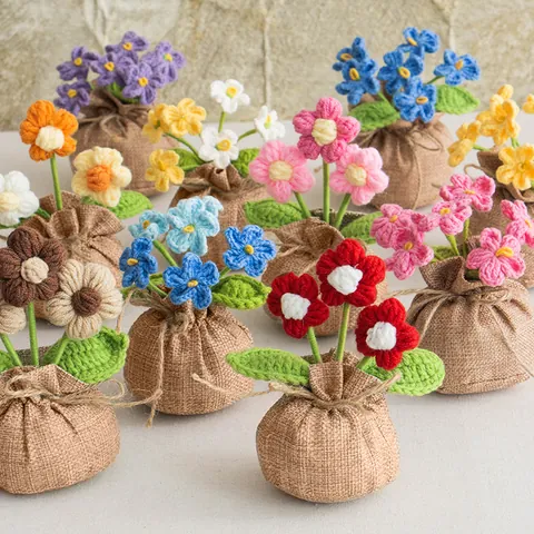 Handmade Crochet Flower Potted Plant Artificial Rose Tulip Sunflower Lily Of The Valley With Linen Bag Base For Home Decor