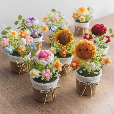 Handmade Crochet Potted Sunflower Rose Artificial Flower Arrangement Desktop Ornament Home Office Table Decor Gift