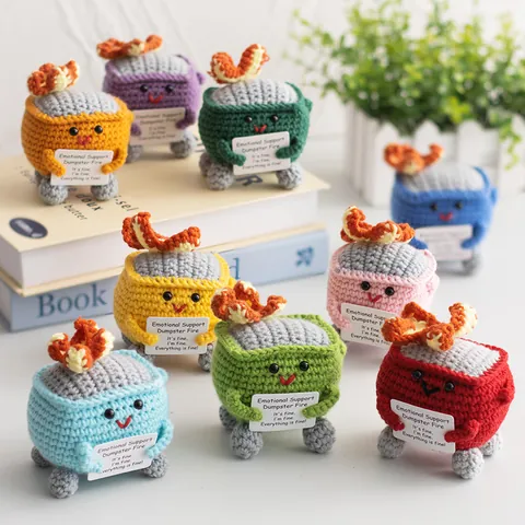 Handmade Crochet Emotional Support Dumpster Fire Doll Knitted Trash Can Fire Plush Toy With Positive Card Desktop Ornament Healing Gift