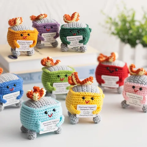 Handmade Crochet Emotional Support Dumpster Fire Doll Knitted Trash Can Fire Plush Toy With Positive Card Desktop Ornament Healing Gift