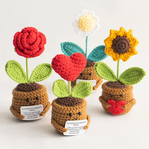 Pianta in Vaso all'Uncinetto Con Carta di Supporto Emotivo Simpatico Viso Sorridente Fiore in Maglia di Filato Ornamento da Scrivania Regalo