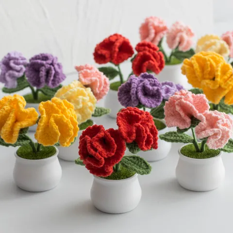 Handmade Knitted Carnation Artificial Potted Plant Crochet Flower Ornament For Mother's Day Gift Home Office Desktop Car Decoration