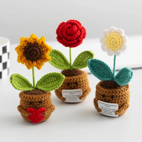 Pianta in Vaso all'Uncinetto Con Carta di Supporto Emotivo Simpatico Viso Sorridente Fiore in Maglia di Filato Ornamento da Scrivania Regalo