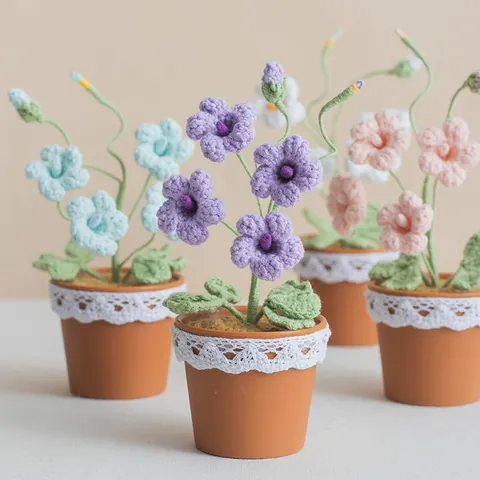 Handmade Crochet Freesia Artificial Potted Plant Knitted Yarn Flower Desktop Ornament With Lace Pot Home Decoration Gift
