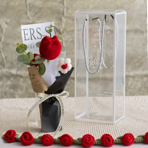 Handmade Crochet Tulip Flower Bouquet With Transparent PET Gift Box Knitting Artificial Daisy Floral For Women Students Home Decor