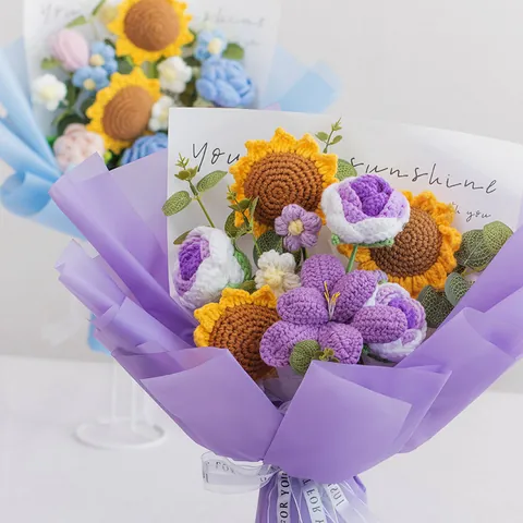 Handgemachter Gehäkelter Blumenstrauß Sonnenblume Rose Tulpe Nelke Mit Geschenktüte Und Grußkarte Für Hochzeit Muttertag Valentinstag Heimdekoration