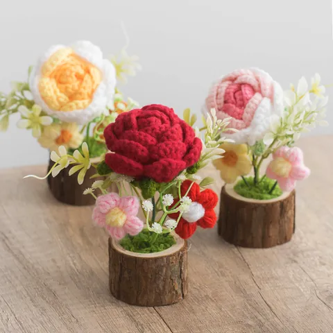 Handmade Crochet Flowers Potted Plants Yarn Sunflower Rose Tulip Daisy With Wood Ceramic Base Artificial Flowers Home Desktop Decor Gifts