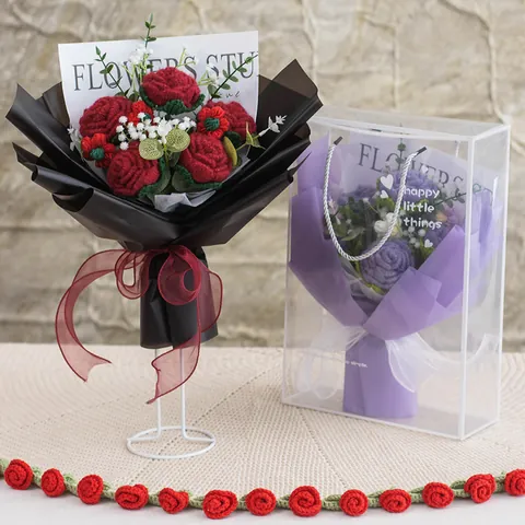 Handmade Crochet Rose Flower Bouquet With Clear Gift Box Artificial Cotton Yarn Flowers For Valentine Mother Day Wedding Home Decor