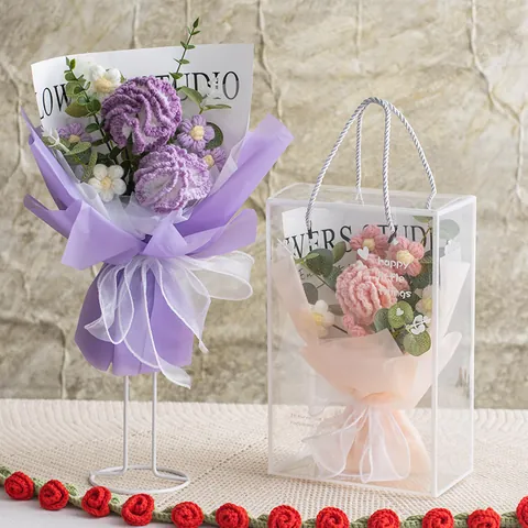 Bouquet de Fleurs d'Oeillet au Crochet Fait à la Main Avec Boîte Cadeau Transparente Arrangement Floral de Rose et Marguerite Tricotée Pour Cadeau Fête des Mères Saint Valentin