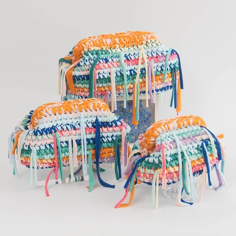 Hand Woven Crochet T-shirt Yarn Handbag For Women Striped Large Capacity Cosmetic Bag Casual Handmade Clutch Tassel Weaving Bag