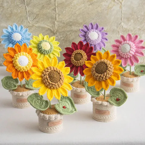 Handmade Crochet Flower Potted Plant Milk Cotton Knitted Sunflower Lily Daisy Rose Miniature Artificial Plant Home Decoration