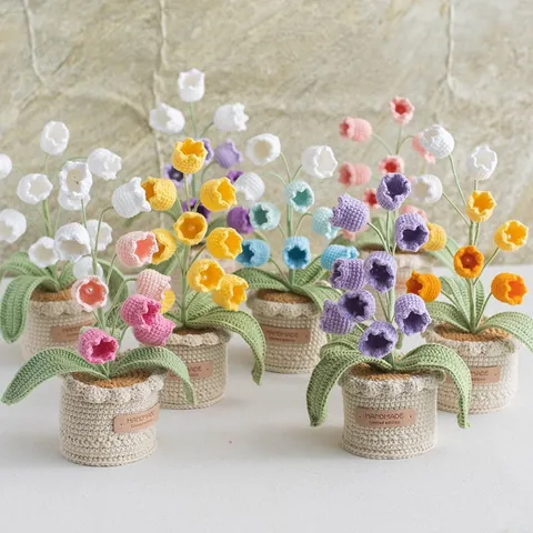 Handmade Crochet Lily Of The Valley Potted Plant Artificial Knitted Flower For Home Office Table Decor Desktop Ornament Gift