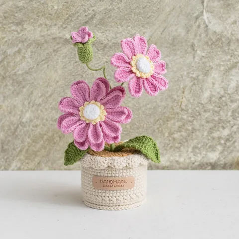 Handmade Crochet Potted Flowers Artificial Zinnia Sunflower Knitted Plants Home Table Decor Desktop Ornament Gift