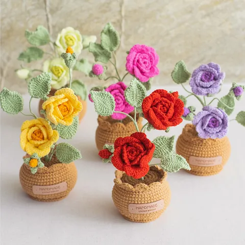 Handmade Crochet Flower Potted Plant Milk Cotton Knitted Sunflower Lily Daisy Rose Miniature Artificial Plant Home Decoration