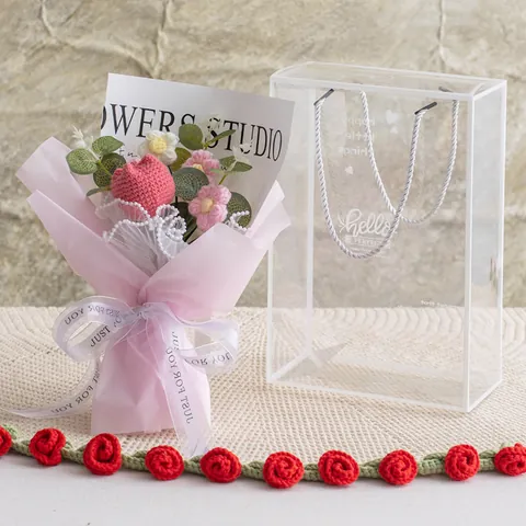 Handgefertigter Gehäkelter Tulpenstrauß Mit Transparenter PVC Geschenkbox Strickgarn Künstliche Blumen Für Muttertag Valentinstag Hochzeit Geburtstag Heimdekor