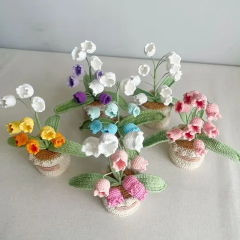 Handmade Crochet Lily Of The Valley Potted Plant Artificial Knitted Flower For Home Office Table Decor Desktop Ornament Gift