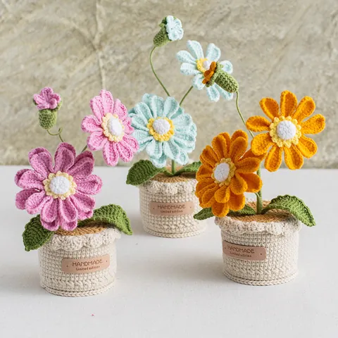 Handmade Crochet Potted Flowers Artificial Zinnia Sunflower Knitted Plants Home Table Decor Desktop Ornament Gift