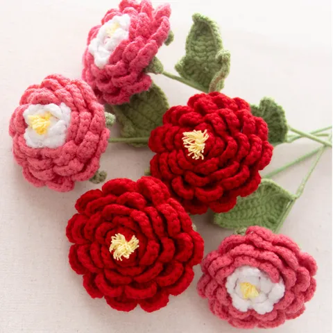 Tige de Pivoine au Crochet Fait à la Main Fleur Artificielle en Fil pour Décoration de Table Maison Mariage Cadeau Rose Rouge