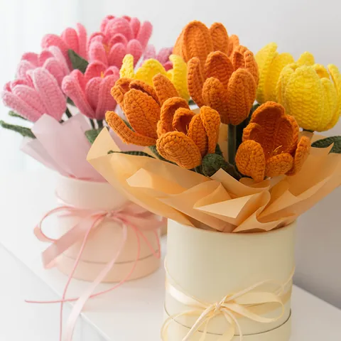 Handgemachter Gehäkelter Strick-Tulpenstrauß In Geschenkbox Mit Band Für Geburtstag Muttertag Heimdekor Künstliche Blumen