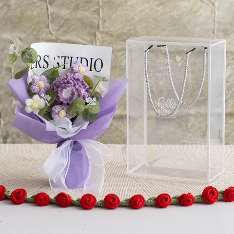 Bouquet de Fleurs d'Oeillet au Crochet Fait à la Main Avec Boîte Cadeau Transparente Arrangement Floral de Rose et Marguerite Tricotée Pour Cadeau Fête des Mères Saint Valentin