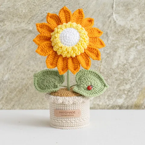 Handmade Crochet Milk Cotton Sunflower Potted Plant Forever Flower Desk Ornament Pastoral Simulation Floral Decoration Gift For Home Office