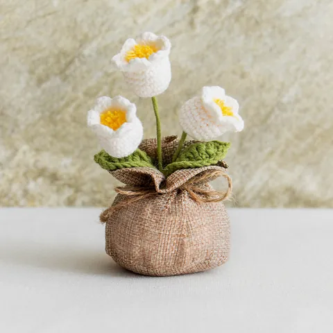 Handmade Crochet Lily Of The Valley Potted Plant Decoration Yarn Woven Flower With Linen Bag Base For Home Office Desktop Decor