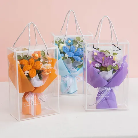 Handmade Crochet Flower Bouquet Artificial Yarn Rose Tulip With Transparent Gift Box For Mother Teacher Day Birthday Women Gift