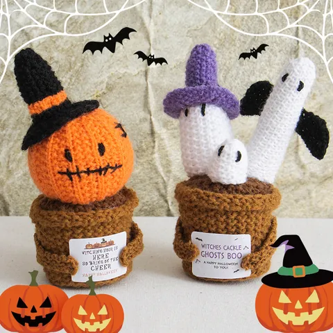 Planta de Maceta de Halloween de Ganchillo Hecha a Mano Calabaza Fantasma Adorno Flor Apoyo Emocional Con Base de Cráneo