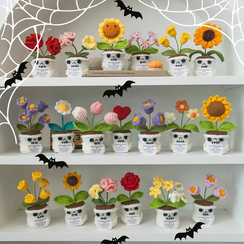 Hand-Crocheted Emotional Support Plant With Skull Pot Funny Knitted Sunflower Rose Potted Ornament For Desk Decor Gift