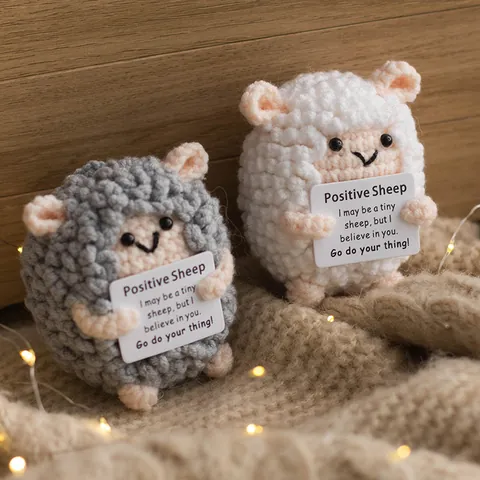 Handmade Crochet Positive Sheep With Encouragement Card Knitted Animal Ornament For Home Office Desk Decor Healing Gift