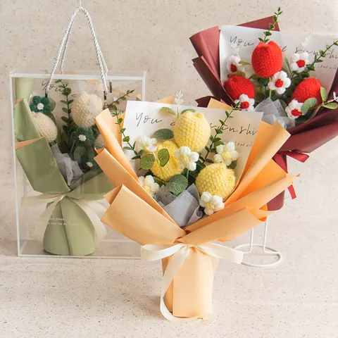 Bouquet de Fleurs Fait Main au Crochet Rose Tournesol Tulipe Oeillet Tricoté Avec Sac Cadeau Transparent Pour Fête des Mères Cadeau de Remise des Diplômes