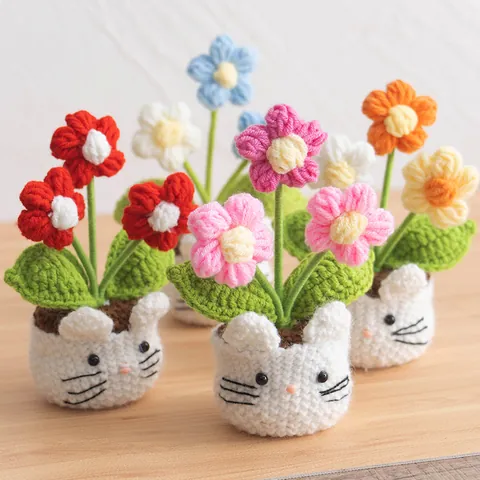 Handmade Crochet Potted Plant With Cute Cat Rabbit Flower Pot Artificial Flowers For Home Office Desk Decor Gift