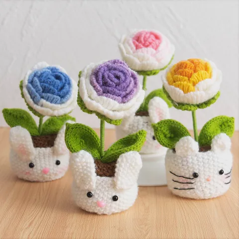 Handmade Crochet Potted Flowers Knitted Rose Sunflower Tulip Heart Mini Plant Rabbit Cat Base Desktop Decor Mother's Day Valentine Gift