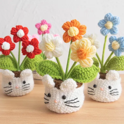 Handmade Crochet Potted Plant With Cute Cat Rabbit Flower Pot Artificial Flowers For Home Office Desk Decor Gift