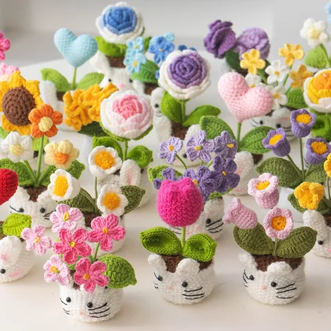 Handmade Crochet Artificial Flower Potted Plant Rose Lily Of The Valley Sunflower With Cute Animal Pot For Home Office Car Decor