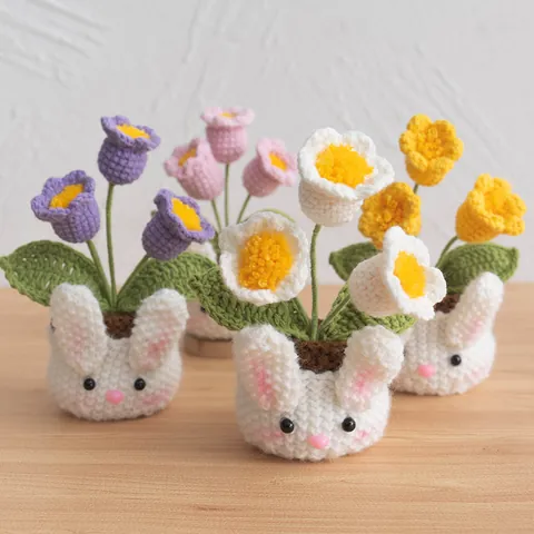 Handmade Crochet Artificial Flower Potted Plant Rose Lily Of The Valley Sunflower With Cute Animal Pot For Home Office Car Decor