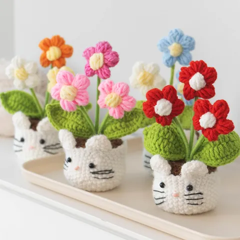 Planta en Maceta de Flores Tejidas a Ganchillo a Mano Lindo Gato Conejo Adorno de Escritorio Decoración Artificial