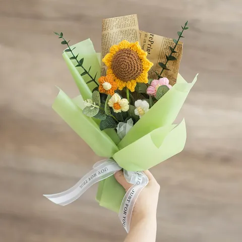 Handgefertigter Gehäkelter Sonnenblumenstrauß Gestricktes Garn Künstliche Blume Mit Geschenkpapier Satinband Für Haus Deko Geschenk