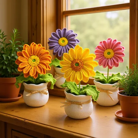 Handmade Crochet African Daisy Potted Plant Artificial Sunflower Knitting Flower With Ceramic Vase Desktop Car Interior Decor Ornament Gift
