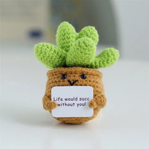 Handmade Crochet Positive Succulent Potted Plant Doll With Encouraging Card Knitted Artificial Flower Desk Office Decor Gift