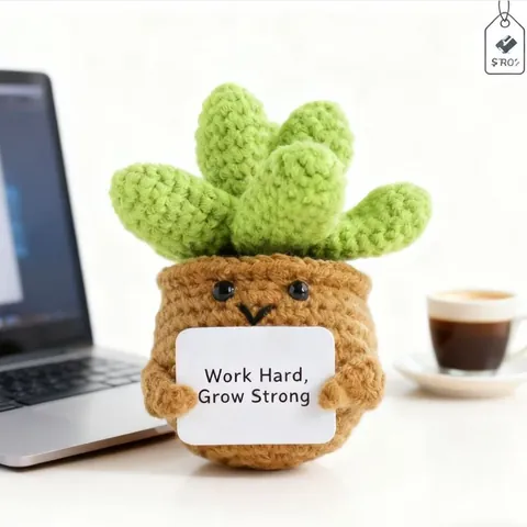 Muñeca de Planta Suculenta Positiva de Ganchillo Hecha a Mano Con Tarjeta de Aliento Flor Artificial Tejida Decoración de Escritorio Regalo