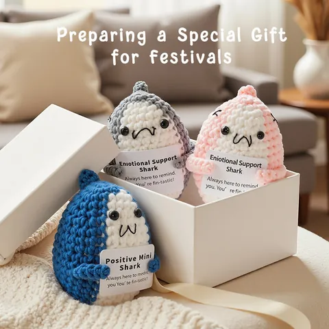 Handmade Crochet Positive Mini Shark Doll With Emotional Support Card Healing Cotton Knitted Desktop Ornament Decor Gift