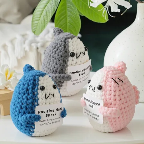 Handmade Crochet Positive Mini Shark Doll With Emotional Support Card Healing Cotton Knitted Desktop Ornament Decor Gift