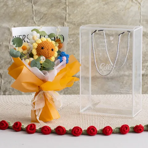 Bouquet de Tournesols Tricoté à la Main Boîte Cadeau Fleur Artificielle au Crochet Produit Fini Décoration d'Intérieur Cadeau Fête des Professeurs